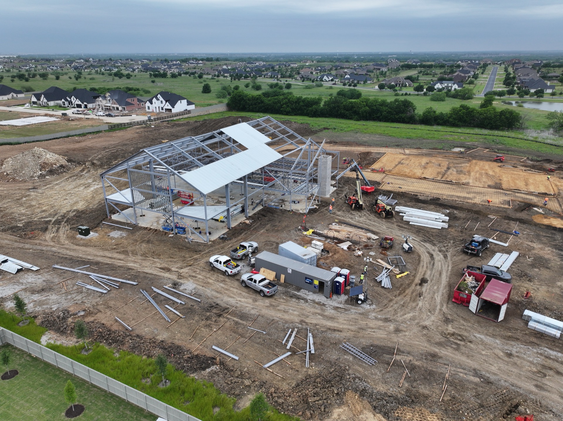 Aerial drone view of construction site progress monitoring